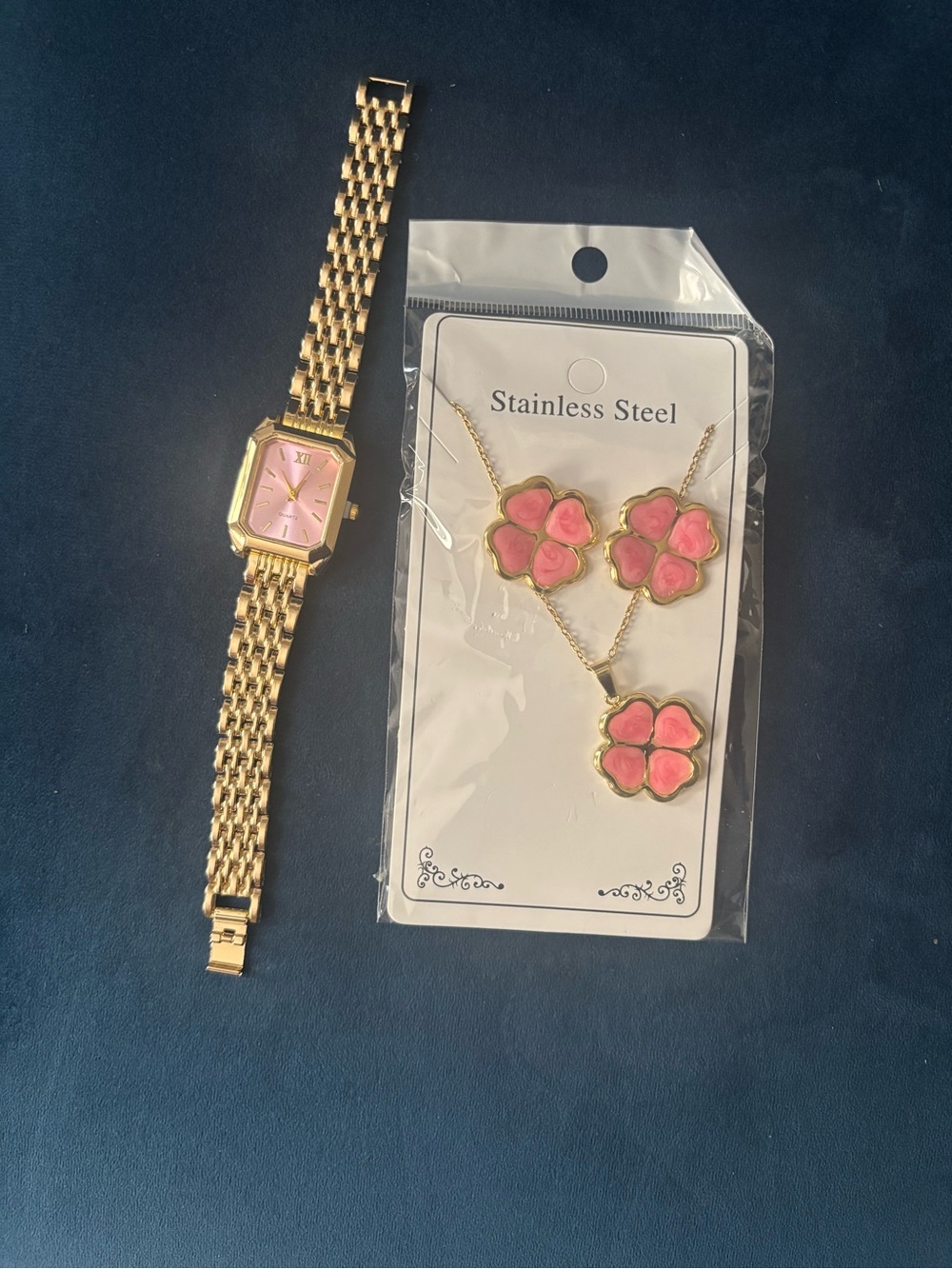 Gold-Tone Pink Flower Pendant Necklace - Stainless Steel Floral Set